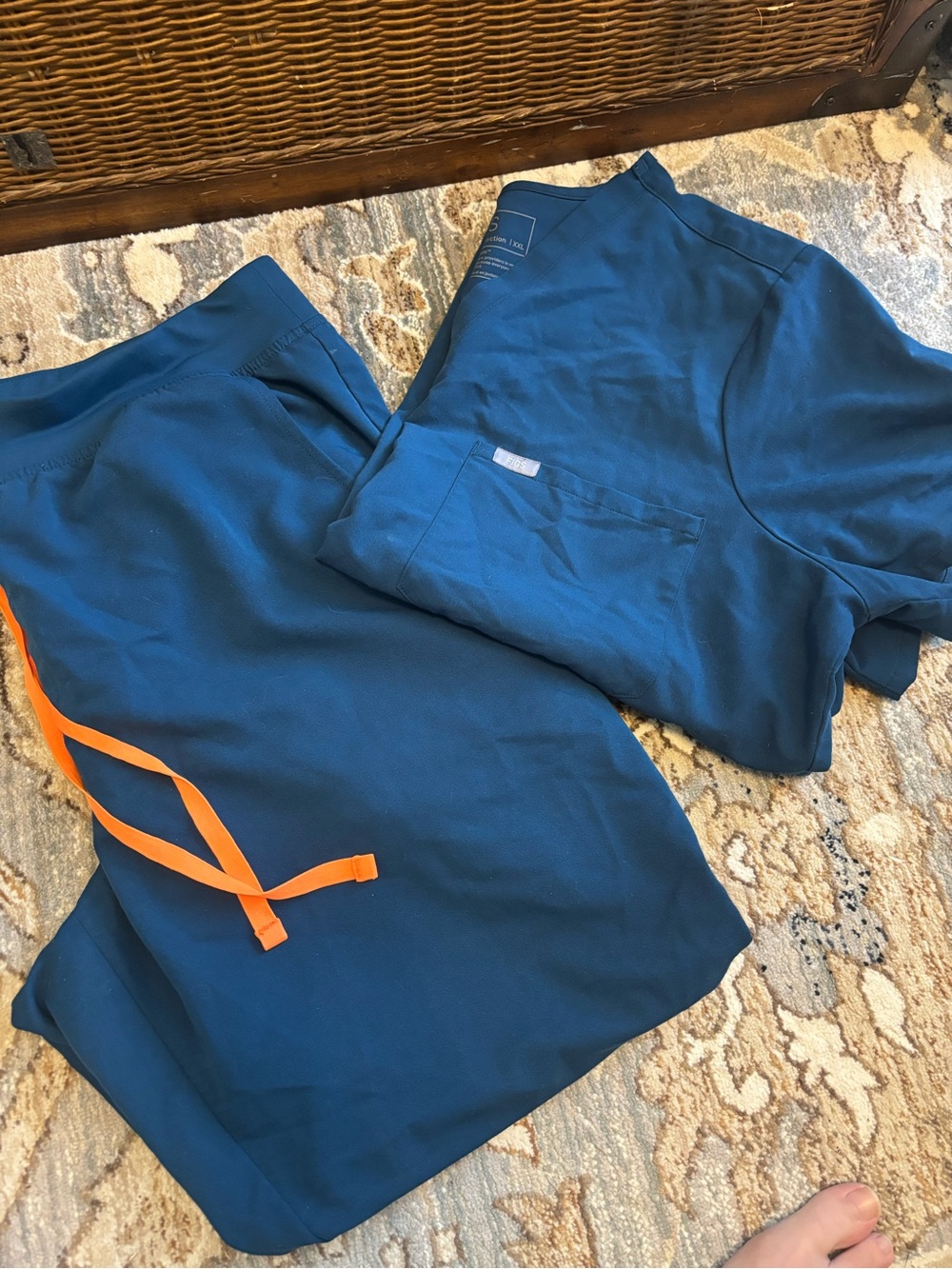 Men's Teal Blue Drawstring Scrub Pants with Orange Ties